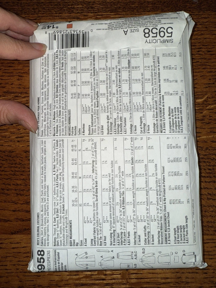 Simplicity 5958 Franklin Crockett Puritan British Mens Costume Size XS to XL - Image 2 of 2