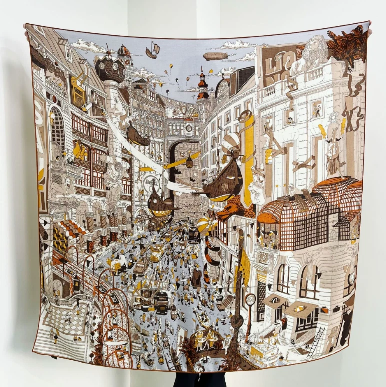 Xale 70% cashmere 30% seda envoltório cachecol estampa rua dupla face 135X135cm - Imagem 2 de 4