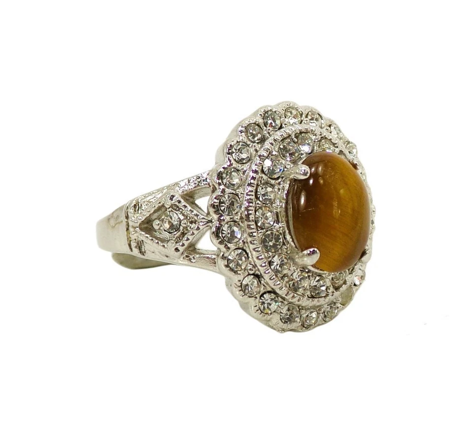 Anillo de piedra ojo de tigre marrón ovalado con piedras de circonita cúbica transparente talla 7 NUEVO Foto 4 de 4