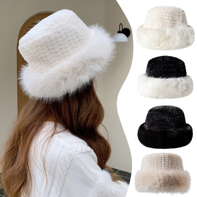 Fluffy Plush Faux Fur Bucket Hat for Fishing Camping Sun Protection-image