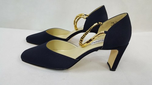 Corsina Women's Shoes Blue Block Heel w/ Gold Chain Stretch Ankle Strap Size 8 B - Picture 6 of 8