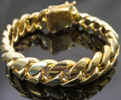 Men's Solid Miami Cuban Link Bracelet Chain 14K 18K Gold Plated Stainless Steel