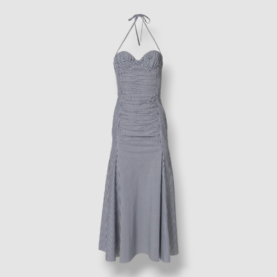 $1892 Carolina Herrera Women's Blue Striped Ruched Bustier Halter Midi Dress  8 | eBay