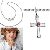 MäDchen Baby Taufe Kommunion Zirkonia Rot Kreuz AnhäNger Mit Kette Silber 925