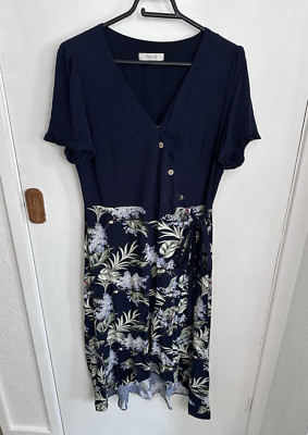 Oasis Größe 14 dunkelblau angedeutetes Kleid Blumenmuster Kurzarm Knopfleiste (O)