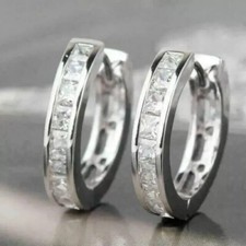 2Ct Princess Cut Lab Created Diamond Huggie Hoop Earrings 14K White Gold Plated