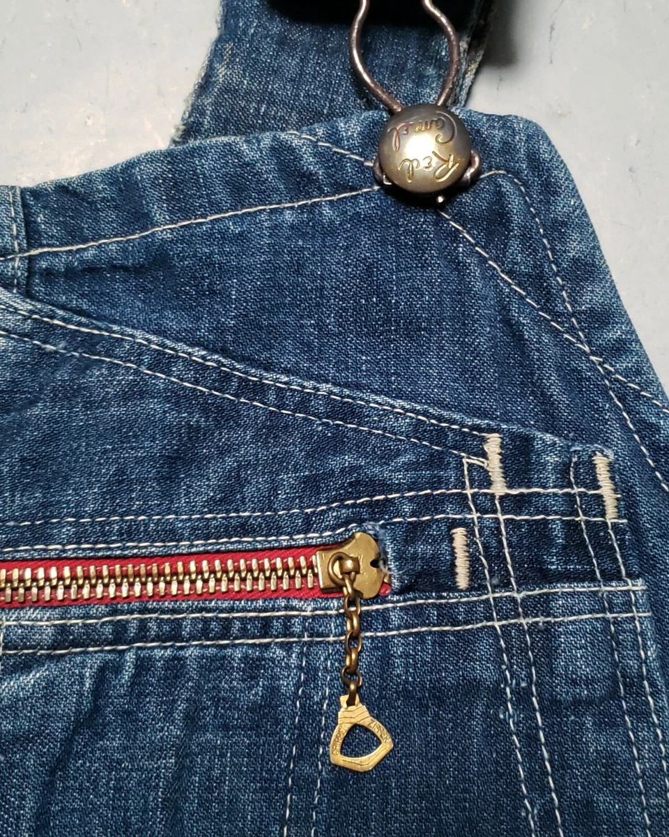 40s RED CAMEL Overalls Denim Low Back Advertising Straps Workwear Indigo 36 NICE