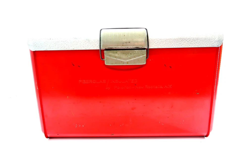 Enfriador de metal vintage POLORON rojo y plateado era de los años 50 21" x 12,5" x 10" MCM RETRO Foto 2 de 4