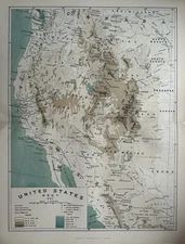 1892 Physical Map Of Western United States Original Antique Map