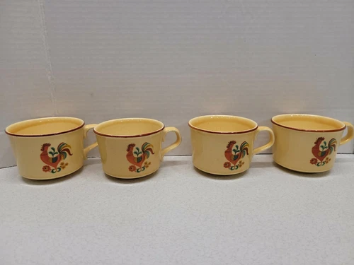 Set Of 4 Taylor Smith Taylor Reveille Rooster Flat Cups Mugs Yellow Farmhouse 