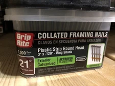 Grip Rite Round Head Framing Stick Nails Collated 21° Ring Shank Plastic Strip