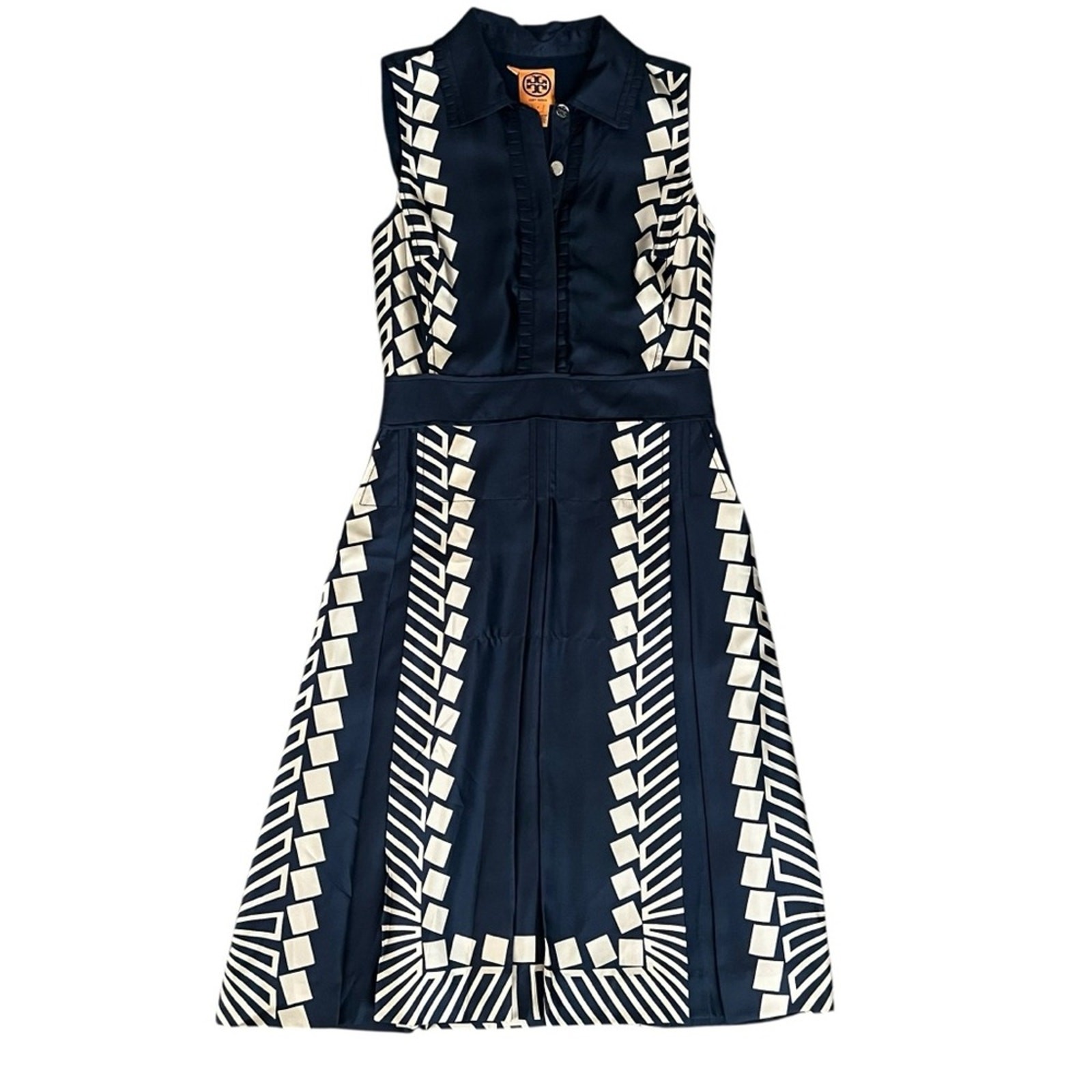 Tory Burch Women’s Navy Geometric Print Sleeveless Pleated Silk Midi Dress Sz 2 thumbnail 10