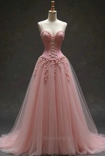 Corset A-Line Tulle Long Wedding Dress Pink Spaghetti Sweetheart Bridal Gowns