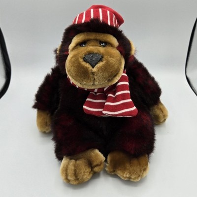 Vintage Walmart Plush Monkey Red Faux Fur Cap & Scarf Stuffed Animal Christmas