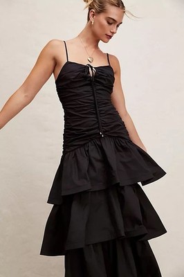 Free People Elliatt aspen ruched fitted drop waist tiered maxi dress black M NWT