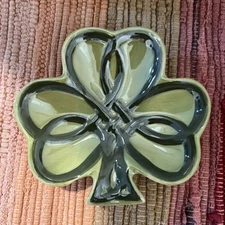 Shamrock Tidbit Dish Irish Decoration With Celtic Knot Design Glossy Green 4.25”