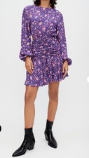 NWT Maje Roleta Purple Floral Smocked Mini Dress Long Sleeve Boho size 36 / US S
