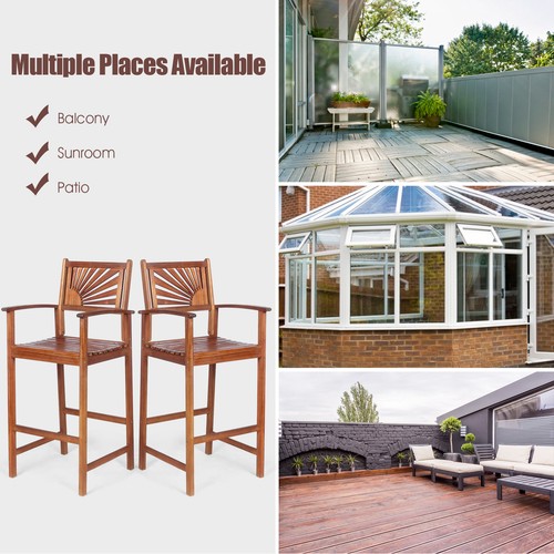 Costway 2er Set Barhocker 29 Zoll Akazienholz Kneipenstühle Outdoor mit Armlehnen - Bild 6 von 12