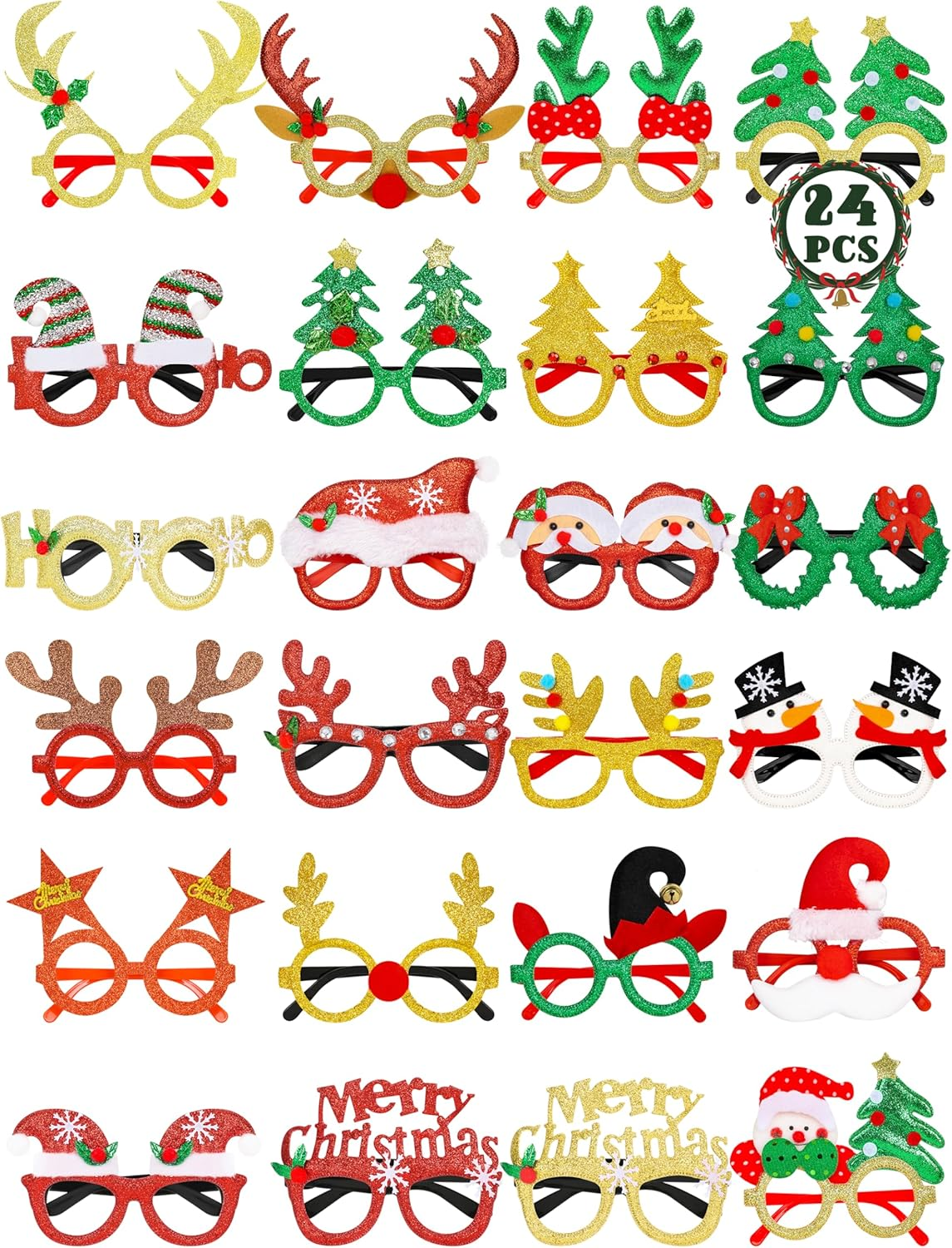 24PCS Christmas Glasses, Christmas Party Favors, Santa Glasses Frames for Xmas D