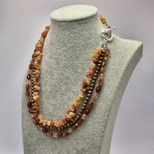 Orange Agate And Bronze Pearl Multi Strand Necklace With Sterling Silver Toggle