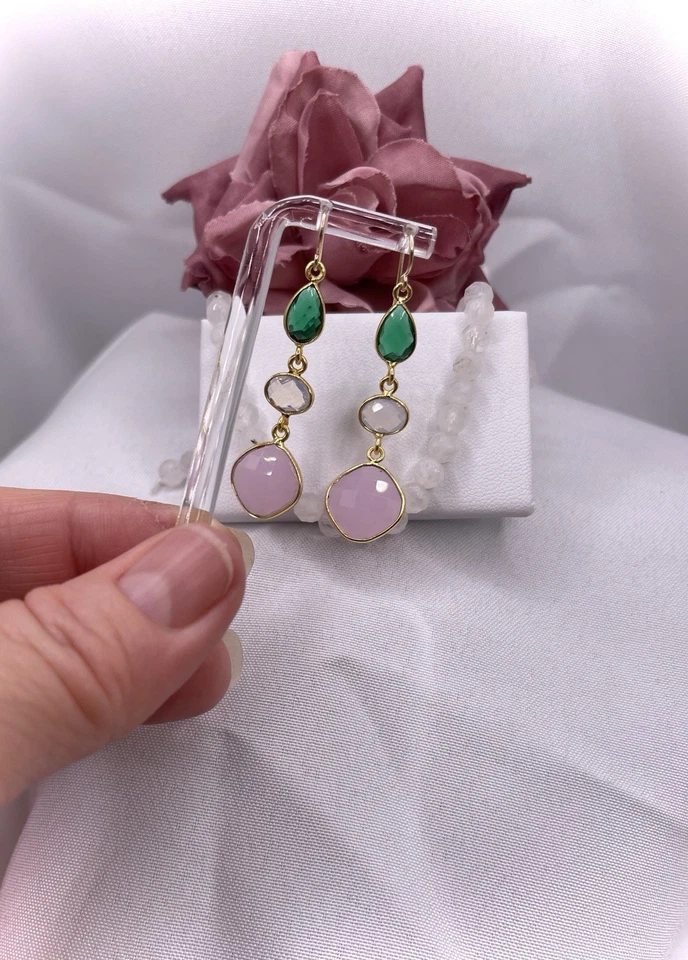Pink Chalcedony Tourmaline Earrings Briolette 14K Gold Filled Drop SIMULATED - Image 4 of 4