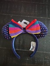 Disney Parks Rainbow Studded Minnie Sequin Ears Headband With Pleated Bow