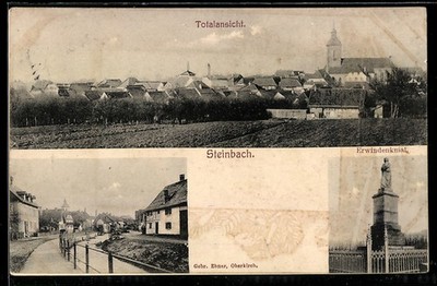Steinbach, Totalansicht mit Erwindenkmal, Ansichtskarte 1909 
