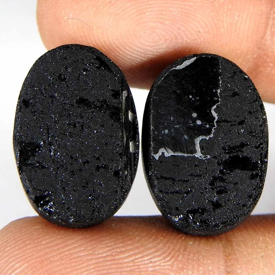 36.35Cts100%Natural Black Tourmaline Druzy Oval Pair Cabochon Gemstones - Image 3 of 3