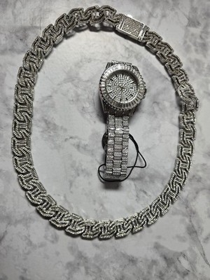 Ultimate Iced Out Duo: Silver Baguette Watch, Chain Set,Iced Out Glaciers