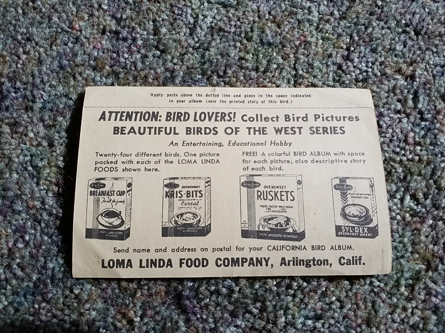 Vintage Loma Linda Food Bird Advertising Cereal Trade Card Tri-Colored Redwing