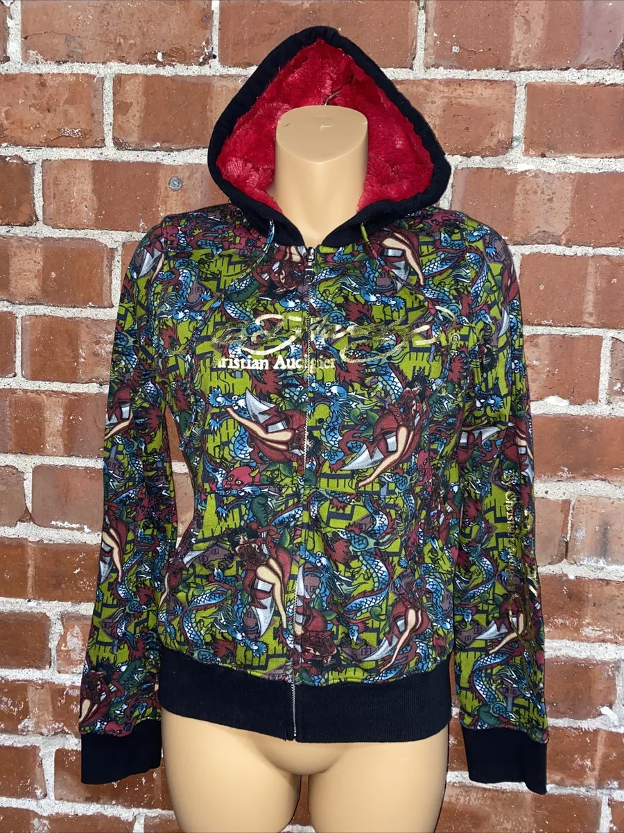 VINTAGE ED HARDY WOMENS SMALL ZIP UP HOODIE Sweatshirt Y2K LOVE RARE AUDIGIER
