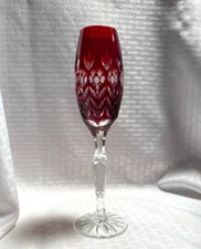 AJKA FLORDERIS FLUTE 9" CASED RUBY RED CUT TO CLEAR CRYSTAL BOHEMIAN HUNGARY