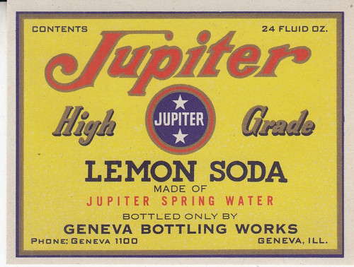 VINTAGE JUPITER LEMON SODA POP BOTTLE LABEL GENEVA BOTTLING WORKS ILLINOIS