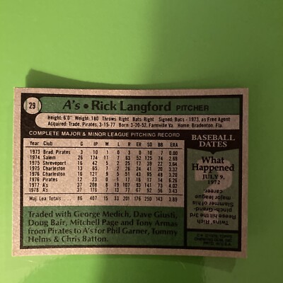 1979 Topps Rick Langford #29 NM Oakland Athletics | eBay