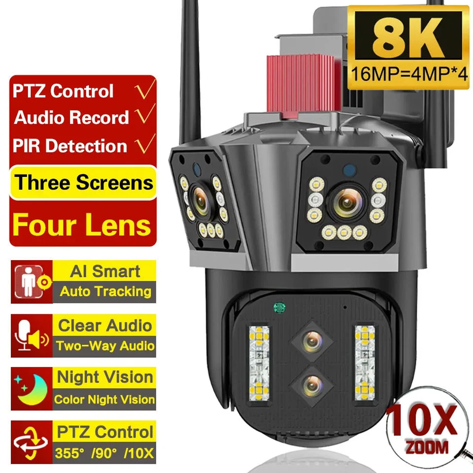 16MP 8K Four Lens IP Camera 10X Zoom PTZ WiFi Security Auto Tracking CCTV IR Cam - Image 2 of 4