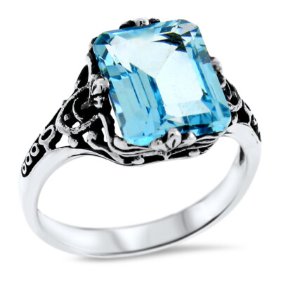 ECHTER RING 4 KARAT HIMMELBLAUER TOPAS 925 STERLINGSILBER VIKTORIANISCHER STIL #1006