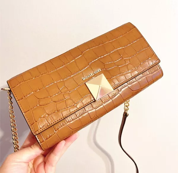 NWT Michael Kors Karla Clutch Crossbody Walnut Croc Embossed Leather Handbag
