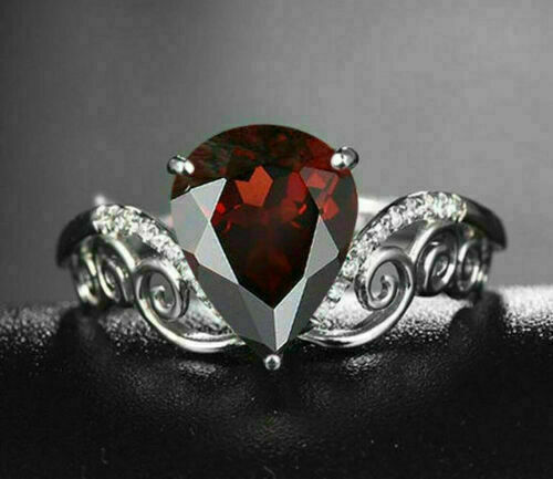 3Ct Pear Cut Red Garnet Solitaire Engagement Ring 14K White Gold Finish - Picture 2 of 12