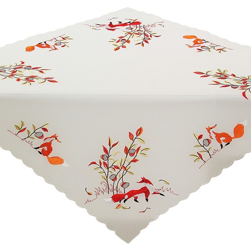 Red Fox Embroidery Table runner Tablecloth Table overlay Doily Linen-look White - Picture 11 of 11