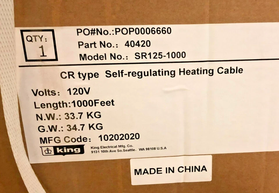 New King Electric SR125-1000 Self-Regulating Heat Cable, CR Type, 1000FT, 120V - Image 2 of 4
