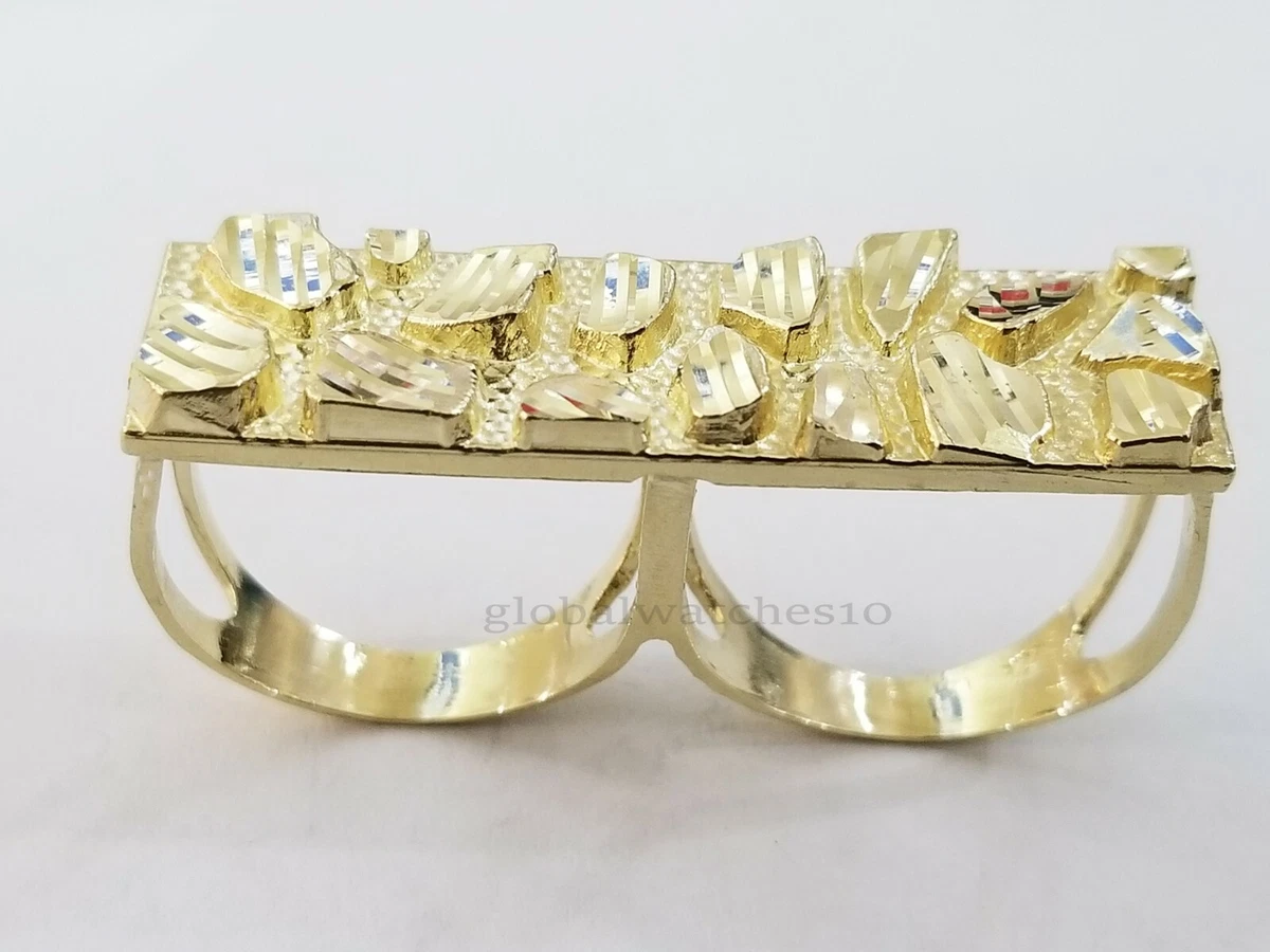 10k Yellow Gold Nugget Two Finger Men Ring Diamond Cut Design Double Finger