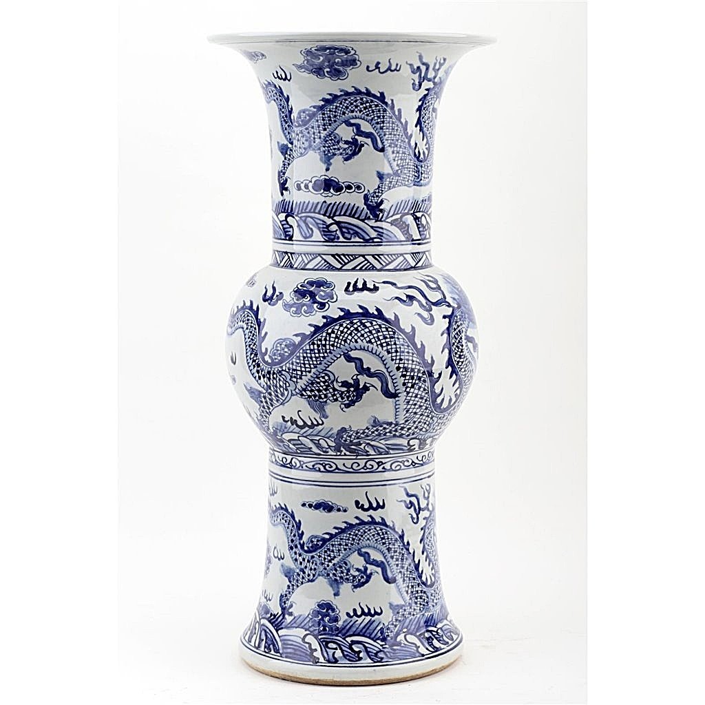 Blue, White Porcelain Chinoiserie Ritual Beaker/"Gu" Vase. Hand Painted-22.50"H