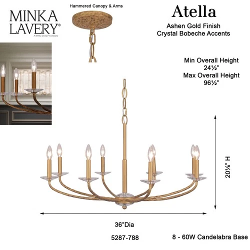 Minka Lavery 5287 Atella 8 Light 36"W Taper Candle Style - Ashen Gold - Picture 7 of 12