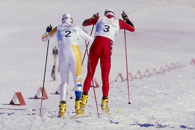Bjoern Daehlie of Norway and Niklas Jonsson of Sweden compete in t- Old Photo