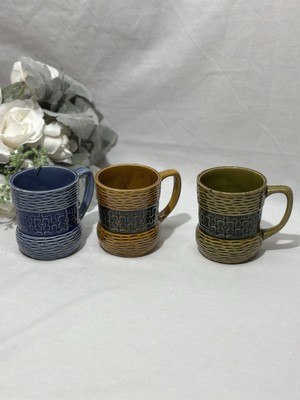 3 Vintage Stylecraft Coffee Cups Made In Japan Textured Blue Brown & Green