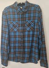 Men's Large Blue Plaid Long Sleeve Flannel Button-Up Shirt Cotton