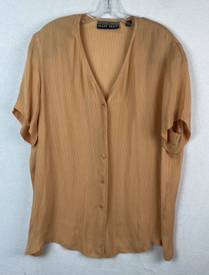 Linda Allard Ellen Tracy 100% Silk Top Peach Size 16 Short Sleeve Button Blouse