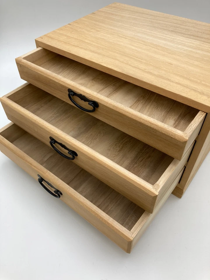 Japanese Wooden Chest with 3 Drawers Natural Wood Storage Box - Image 1 of 4