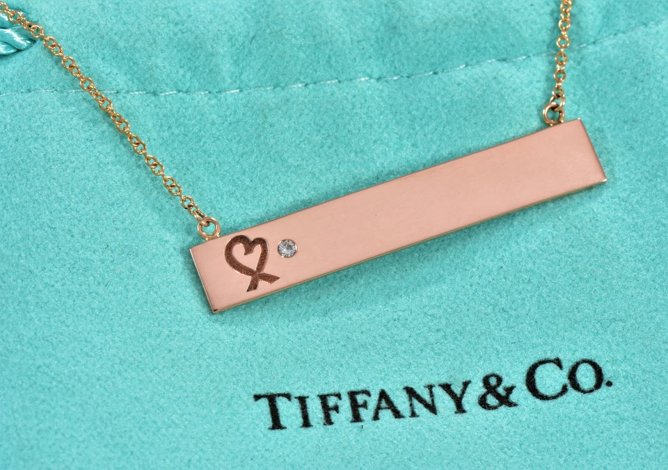 Tiffany & Co Diamante Oro Rosa 18K Amoroso Corazón Barra Colgante 18" Collar Cadena Foto 4 de 4