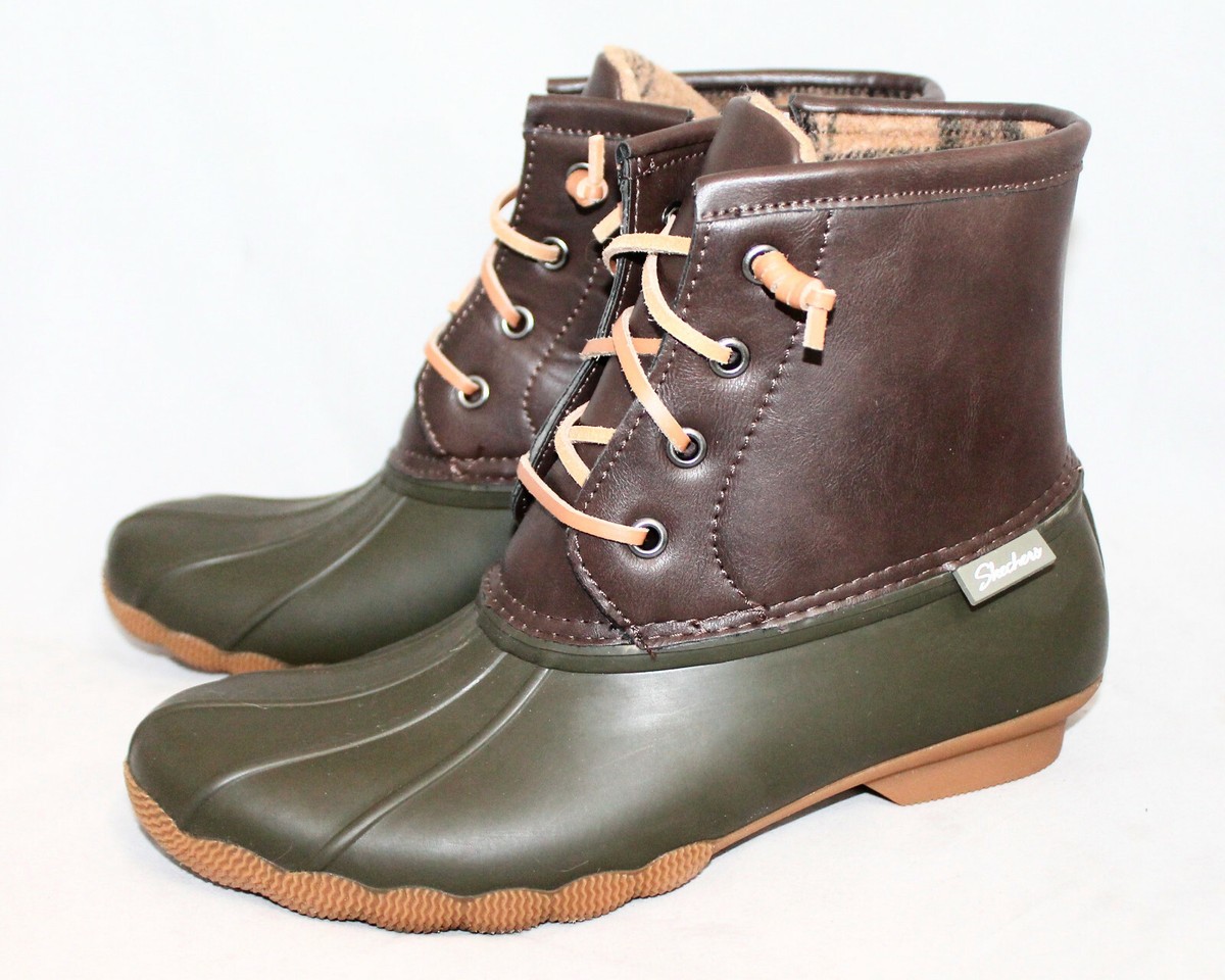 e。 SKECHERS Pond Washed Out Duck Boot Brown Green Snow 44379 Wo's